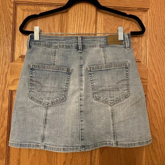 American Eagle Super Stretch Hi Rise A-Line Denim Mini Skirt Sz 4 Blue Y2K - Picture 3 of 5